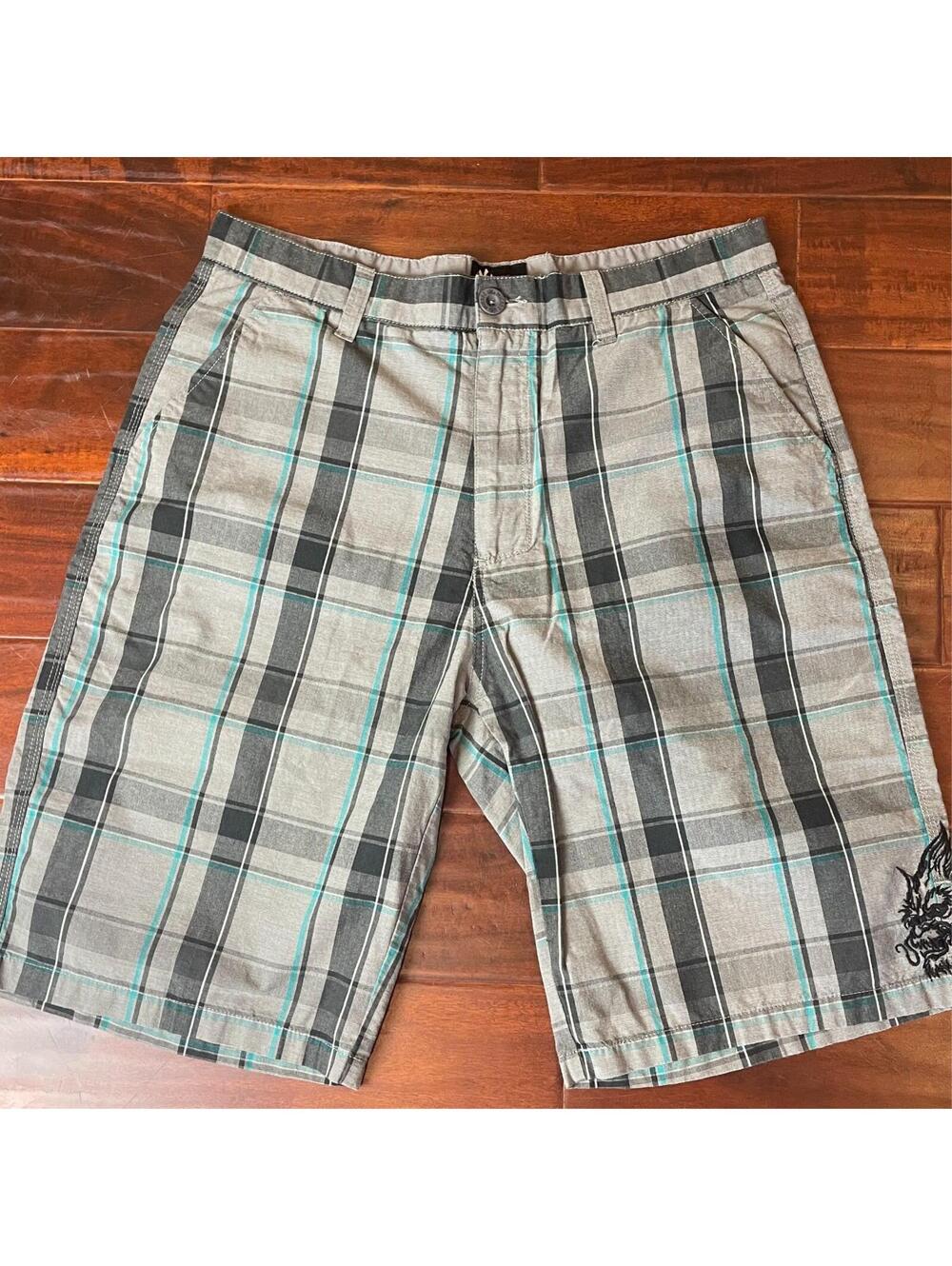 Y2K Micros Long Shorts Mens Size 36 x 12" Inseam Black Plaid Skater Surf L.A.